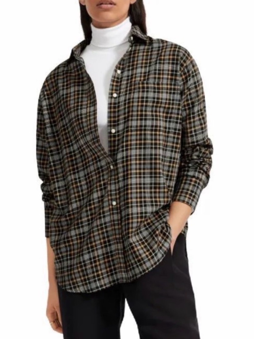 Everlane Women’s Black and Brown Plaid Oversized Boyfriend Shirt, Size 6
